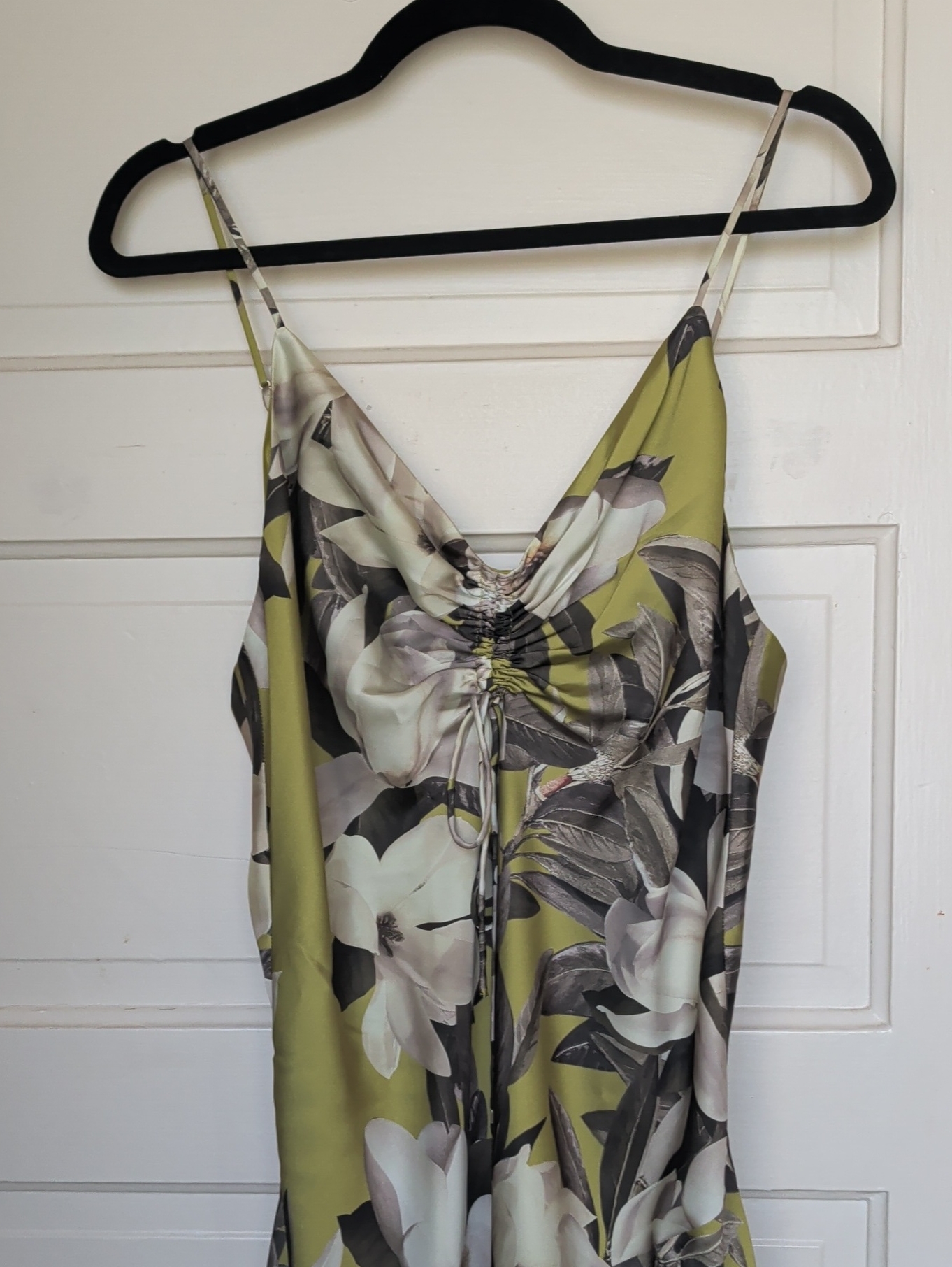 All Saints Olive & Cream Floral Satin Ruched Cami Dress